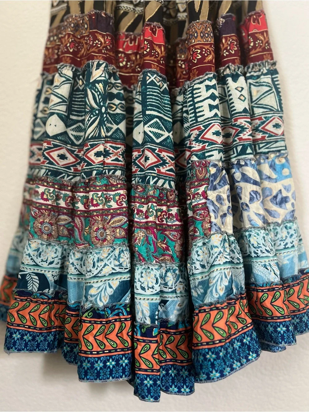 Recycled Silk Blend Floral Patchwork Tiered Ruffle Skirt Free Size Gypsy Boho